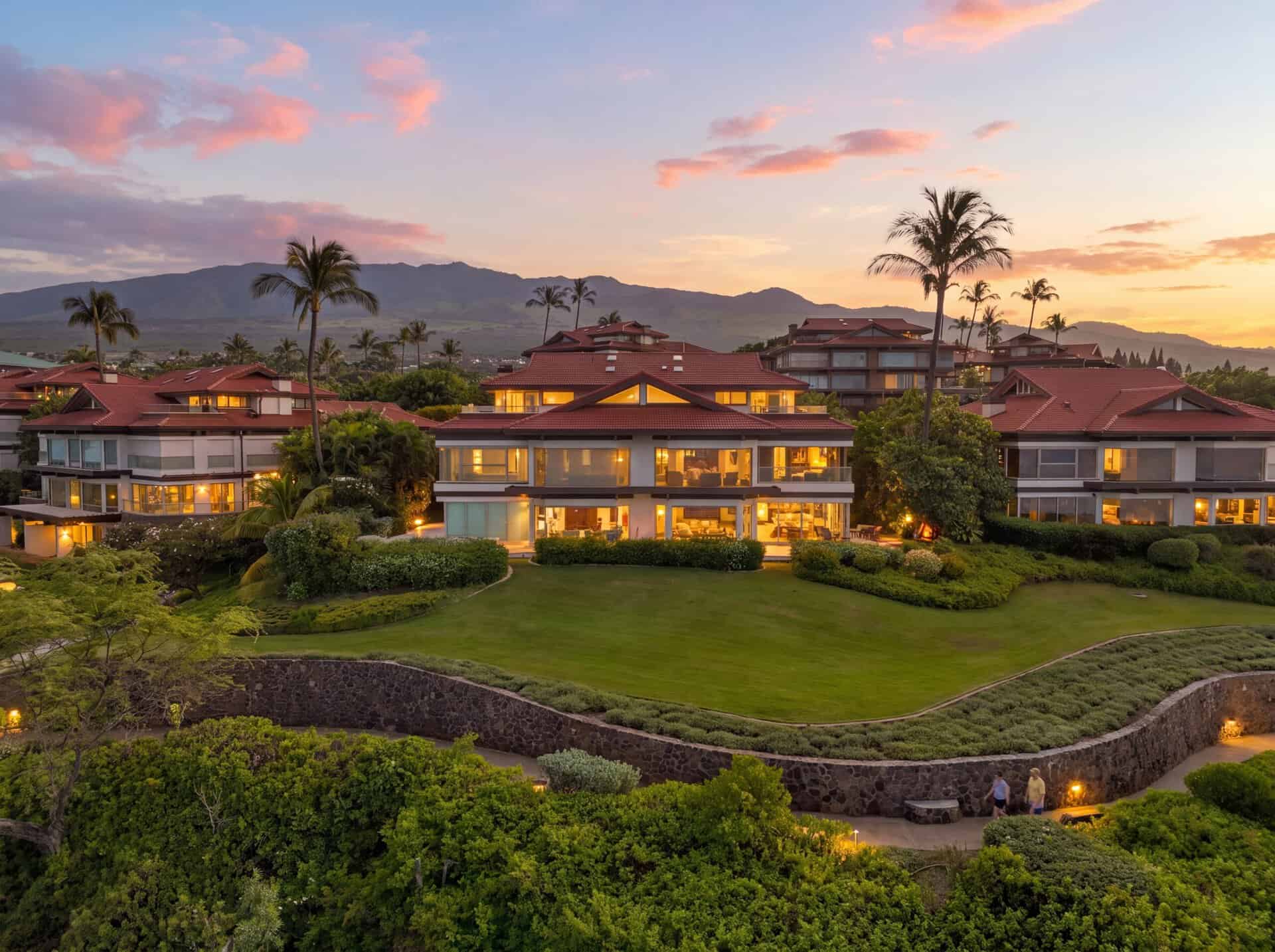 Aerial twilight view of Wailea Point Residence 1104 on the Wailea oceanfront