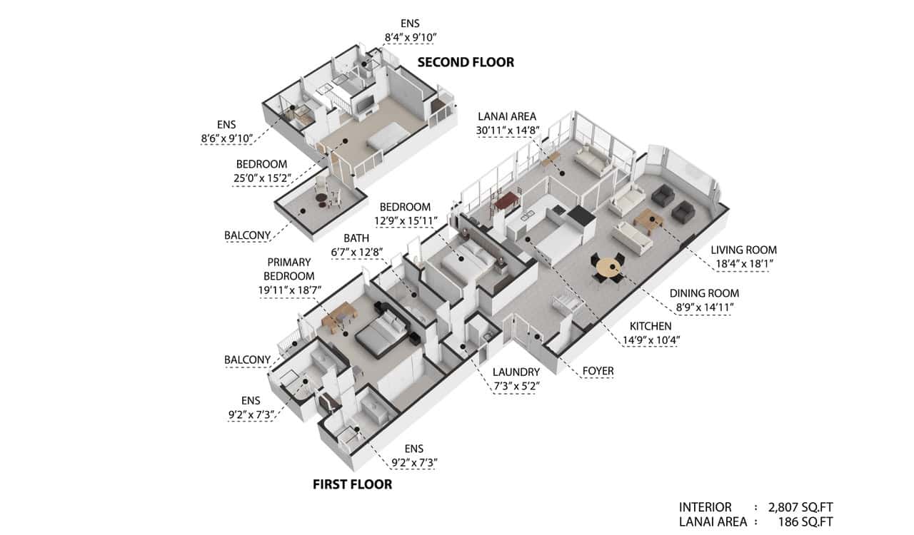 Three-dimensional floor plan of Wailea Point Residence 1104